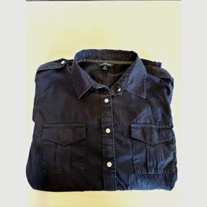 Lands End Womens Blouse Shirt Blue Medium 10-12 L/S Career Epaulette Cotton